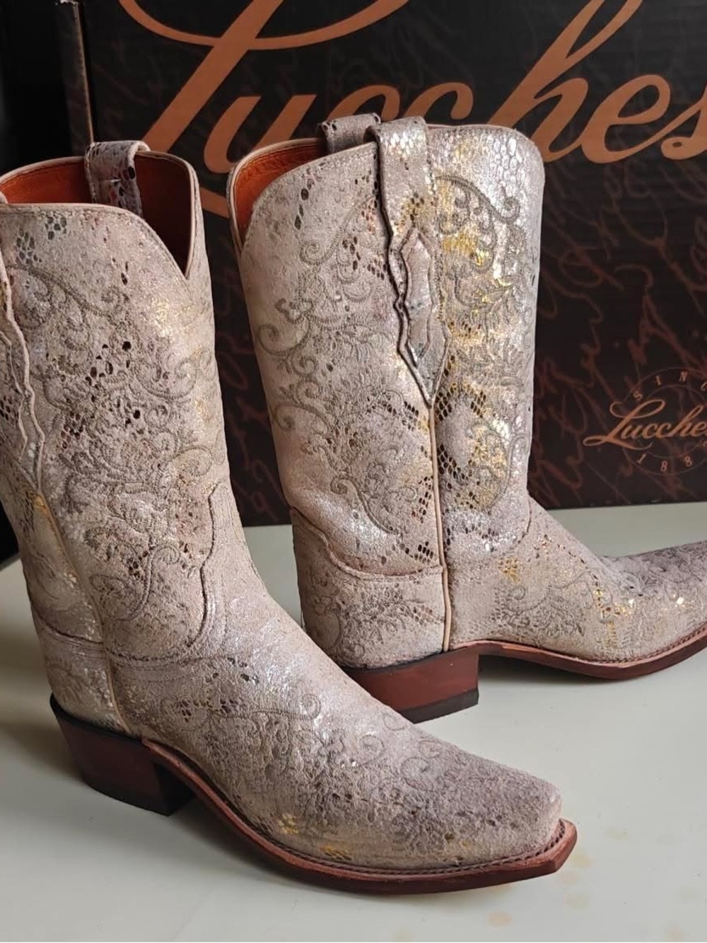 Lucchese White Embossed Leather Lace-Up Western Boots with Gold Accents